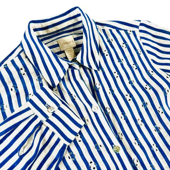 Chico's Tops - Chico's 100% Linen Striped Eyelet Button Down Shirt Blue White Size 0 / Small